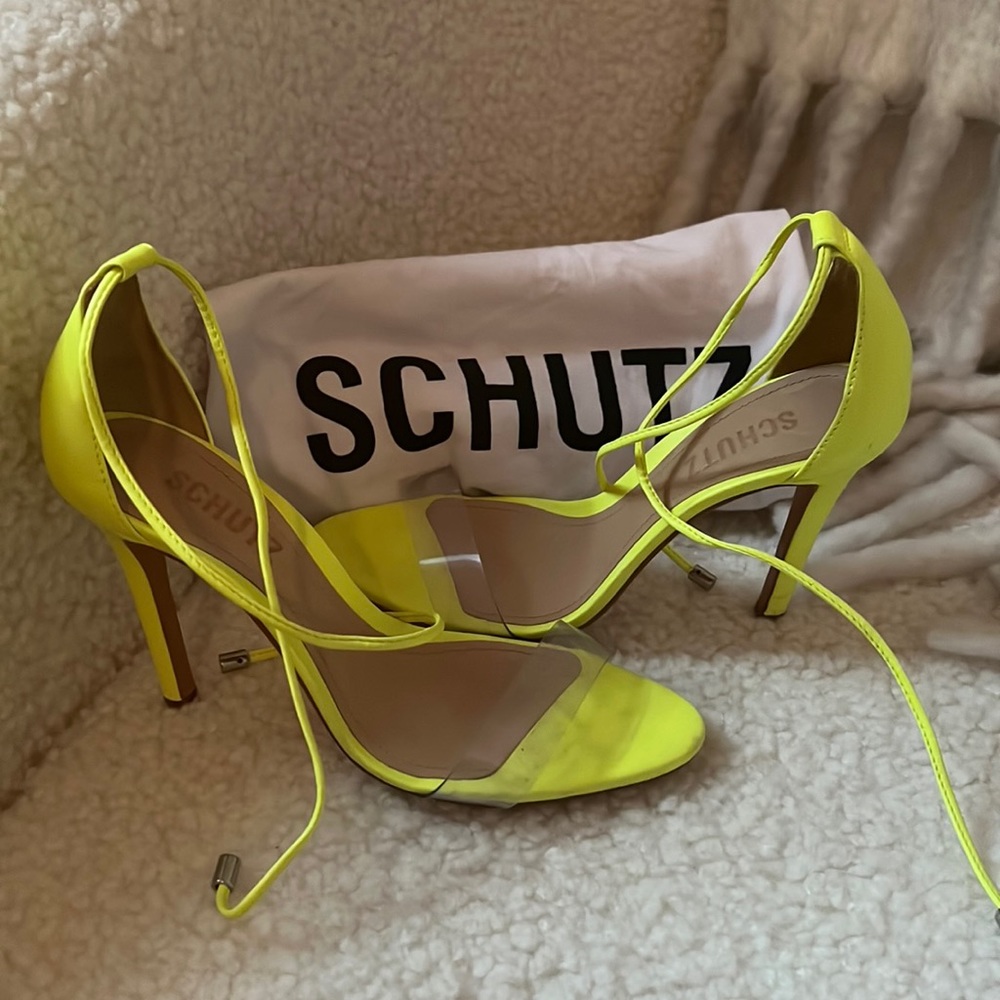 Schutz Open Toe Nubuck High-heel Sandals In Neon Green Size 7